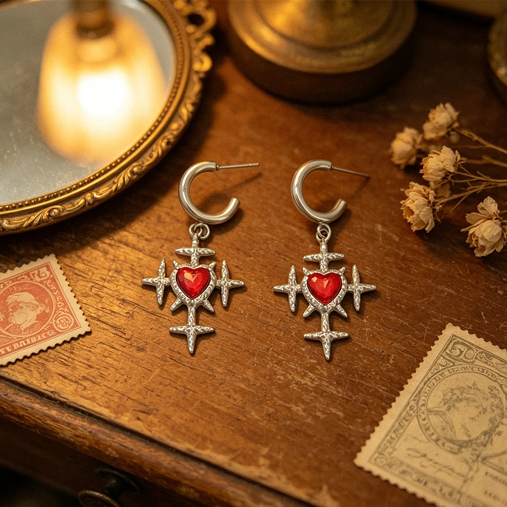 Gothic Red Heart Cross Earrings, Vintage Distressed Silver C-Shaped Ear Hooks, Punk Style Unisex Personality Earrings