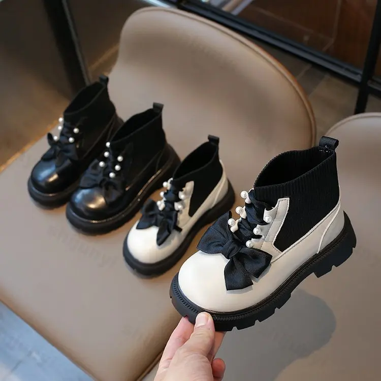 Girls Sock Boots Kids Ankle Boots Non-slip Fashion Bowknot Pearls UK Uniform Children School Shoes Casual Princess Short Boots