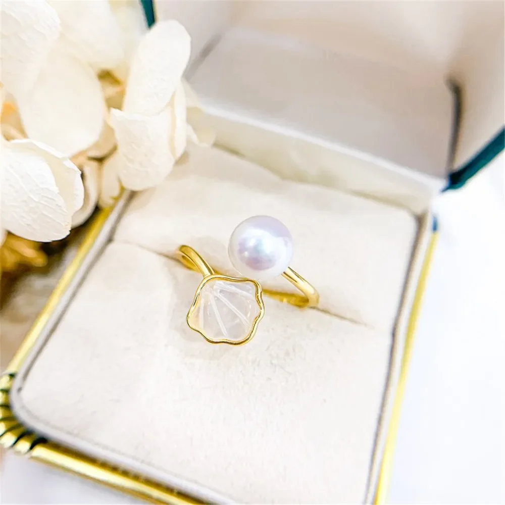 DIY Pearl Ring Accessories S925 Sterling Silver Ring with Hollow Shell Version Ring Embellishment Set Fit 6-9mm Round Flat Beads