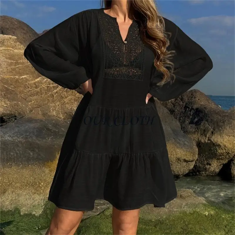 نساء V-neace Beach Dress Long Sleeves Dress Frasnable Swing Dress Beachwear Y1AC