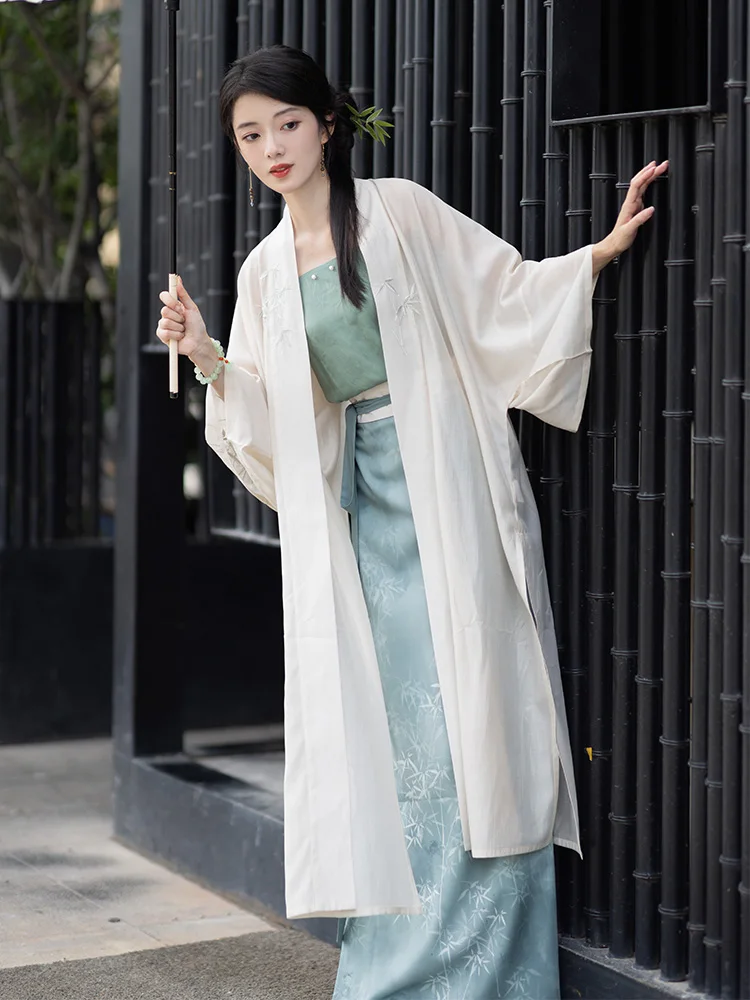 Длинная шелковая рубашка Chi Xia [Приключения к парку: бамбуковое поле] в стиле песни, шелковая хлопковая кружевная юбка с подвесным ремешком, улучшенная ханьфу