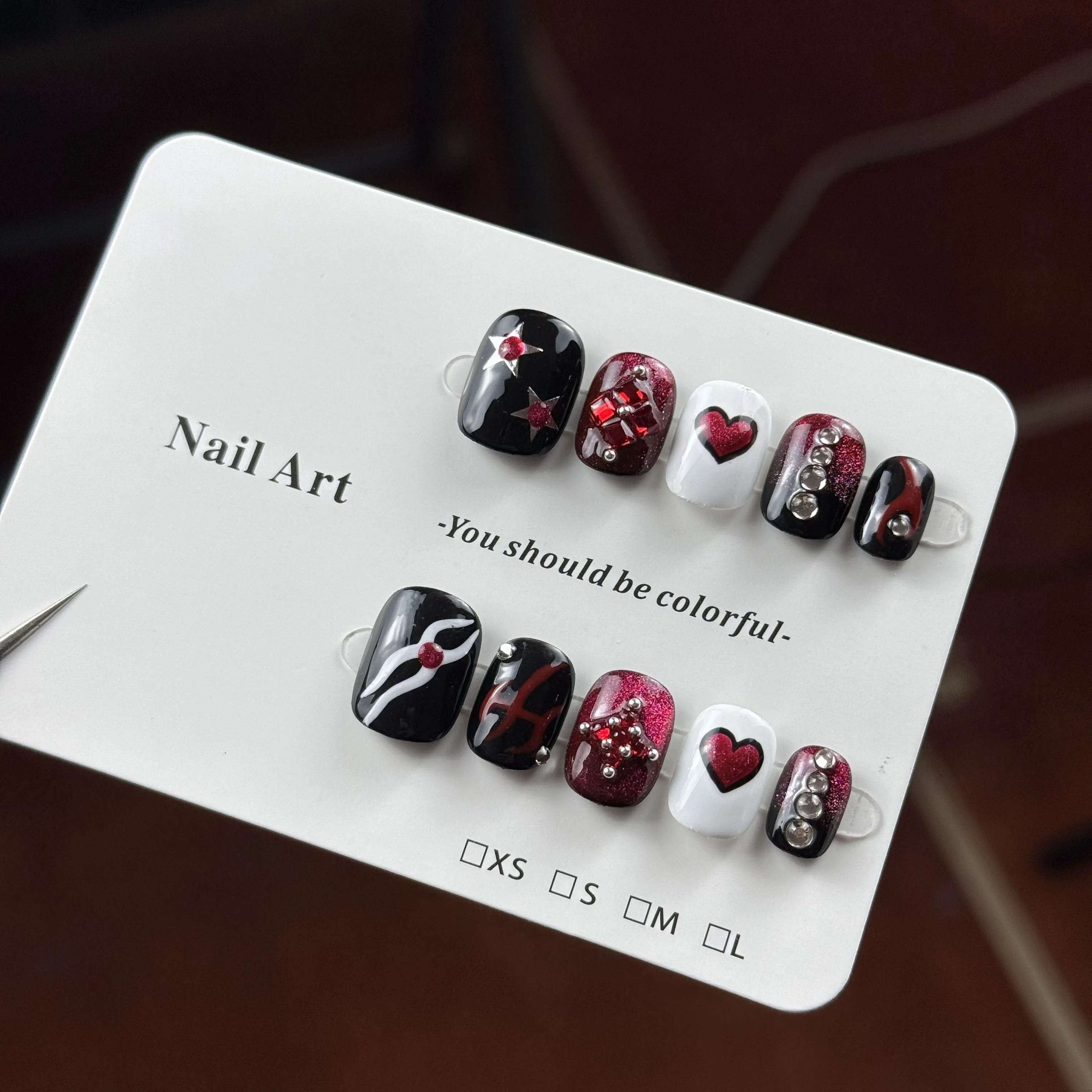 10pcs high-end Black and red color contrast design, hand-painted three-dimensional ribbons, hearts, and sparkling dot diamonds