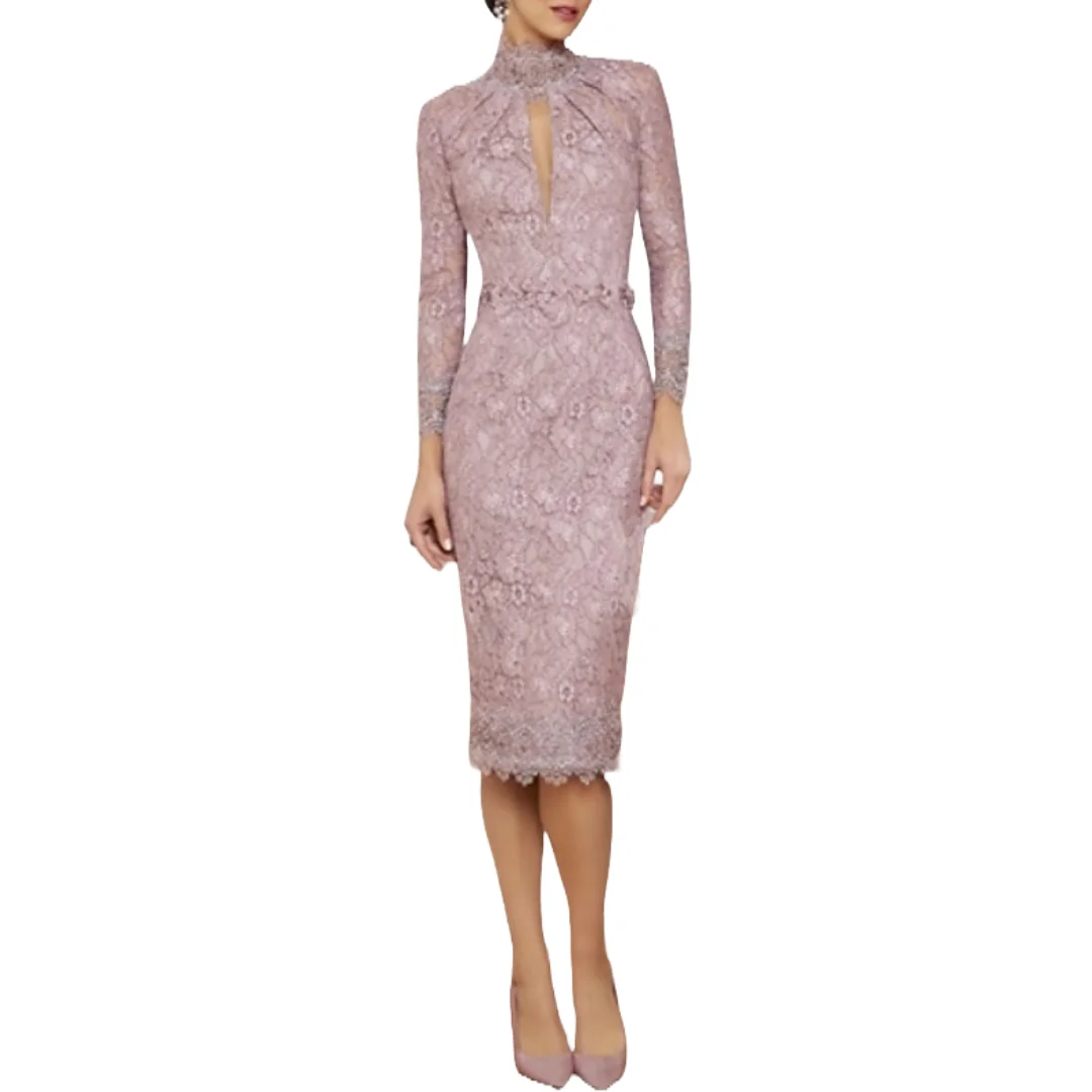 

Lavender Sheath Mother of the Bride Dress with High Neck and Keyhole Long Sleeves Knee-Length Lace Appliqué Cocktail Gown