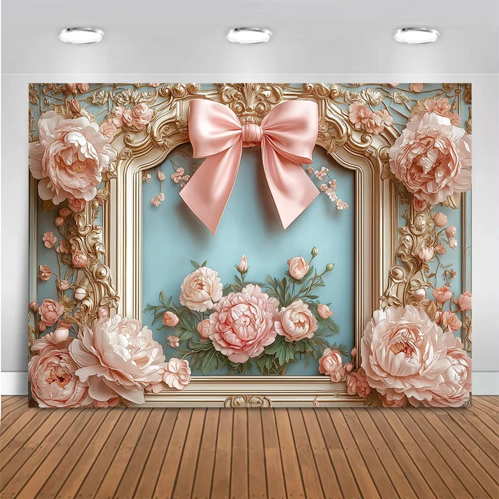Merah Muda atau Biru Busur Retro Latar Belakang Perona Pipi Bunga Dinding Fotografi Latar Belakang Boho Bunga Anak-anak Dewasa Pesta Foto Studio Alat Peraga