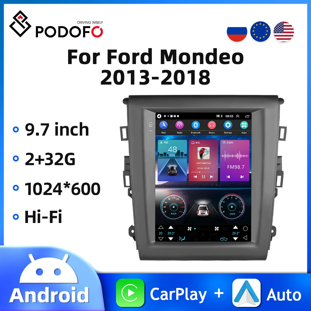 Podofo 9.7'' 2Din Car Radio For Ford Mondeo 2013-2018 Multimedia Video Player Carplay Android Auto Bluetooth 2+32G Autoradio