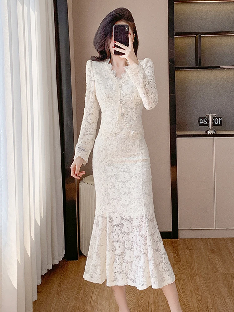 

New Arrival Women's Lace 2 Piece Set Elegant V Neck Button Tops Shirt And Mermaid Maxi Skirt Formal Outfit Dating Daily Wear New