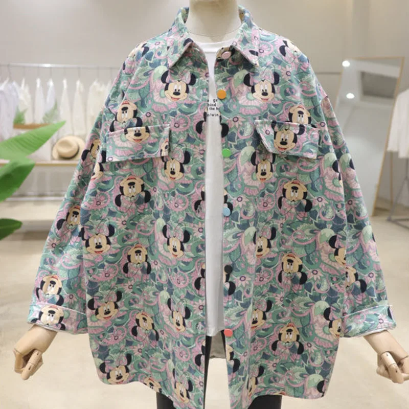 Cartoon Mickey Women's Autumn Loose Mid Long Shirt Washed Cotton Denim Shirt Jacket Korean Version Cute Printed New Fashion Coat