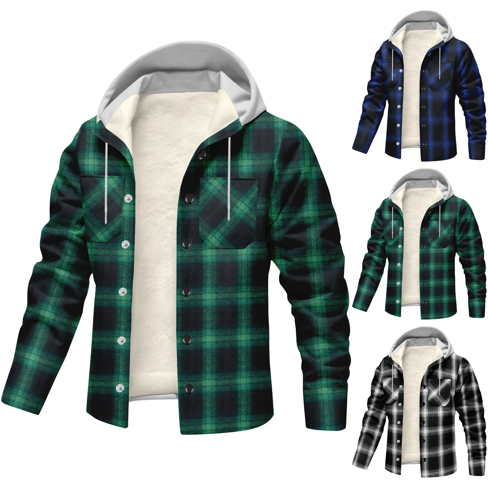 

Casual Loose Button Lapel Men Striped Plaid Jacket Long Sleeve Hooded Cardigan Shirt Jacket Daily Multi-Pocket Hooded Outerwear