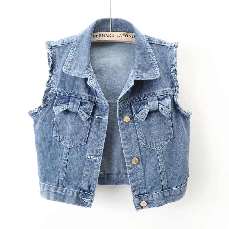 

Vintage Blue Denim Vest Women Waistcoat Korean Cowboy Sleeveless Jacket Coat Spring Summer Bow Pocket Short Jeans Vest Female