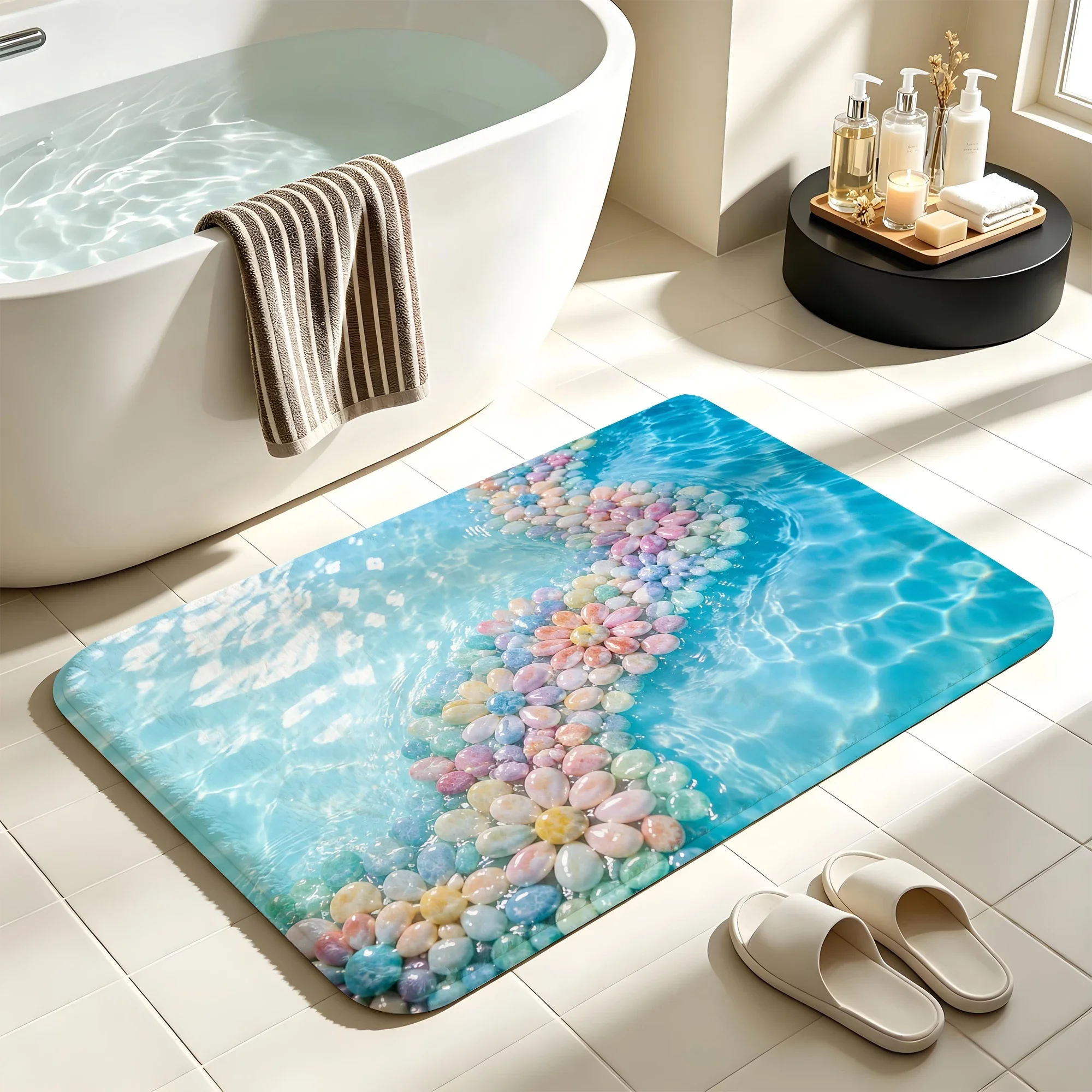 Bathroom use absorbent quick drying floor carpet home decoration flannel anti slip shower carpet pebble theme
