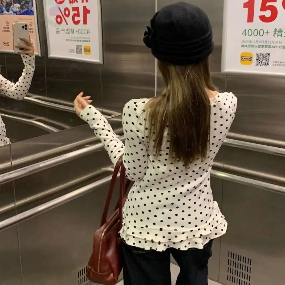 2025 جديد كشكش تقليم كم طويل تي شيرت البولكا نقطة رقيقة الداخلية الأعلى الحلو فيرو مودا