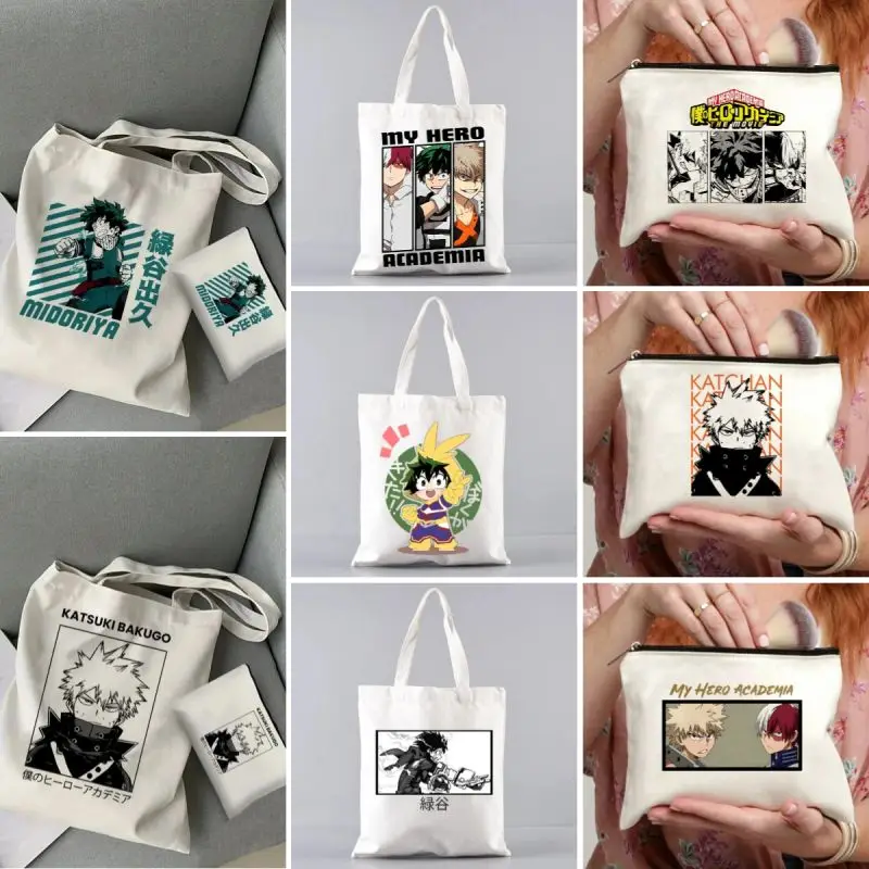 2pc My Hero Academia Pattern Canvas Cosmetic Bag Set Include Shoulder Handbag and Makeup Bags Art Design Ideal for Daily Use