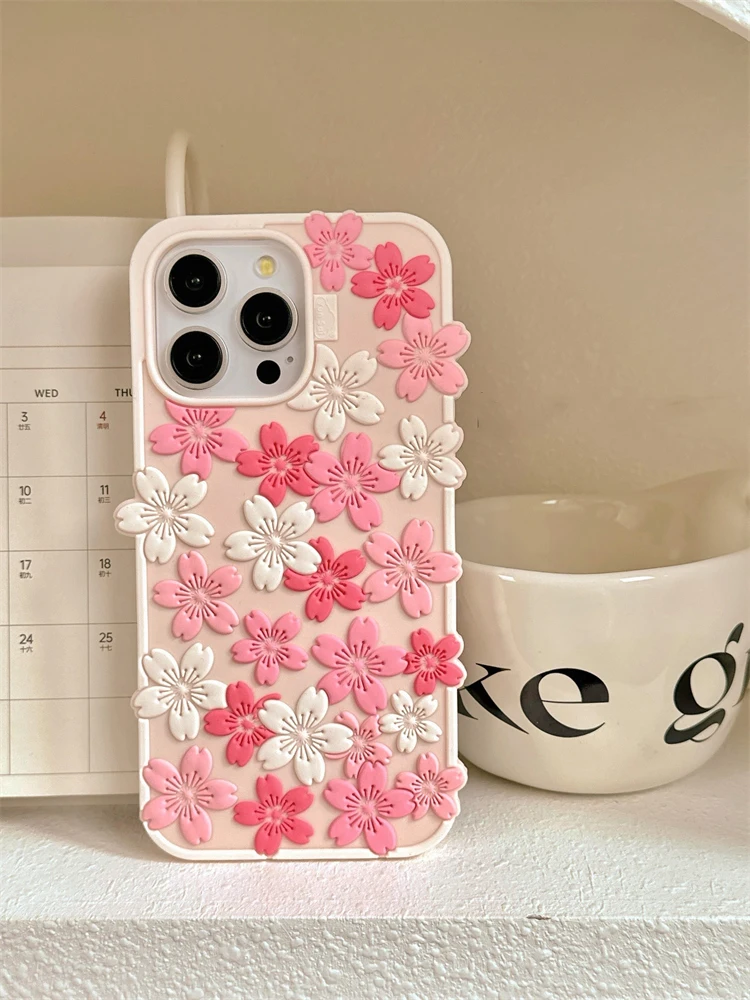 Piękne etui na telefon z miękkiego silikonu z motywem kwiatów wiśni dla iPhone'a 16 Pro Max 17 15 13 14 12, modne, urocze, kwiatowe etui na tył telefonu. — zdjęcie produktu 3