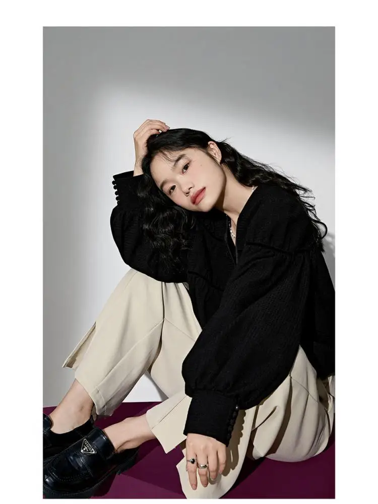 Design Black Baseball Uniform Women's 2023 New Spring And Autumn Casual Short Loose Coat Top