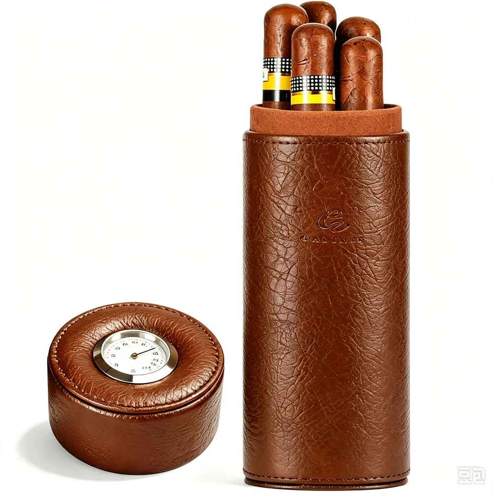 GALINER Cedar Wood Travel Humidor Cigar Box Portable Leather Cigars Case With Hygrometer Humidifier Black Cigar Tube