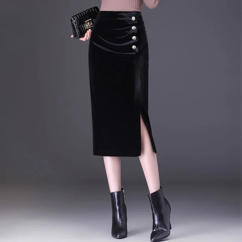 2024 Autumn Winter New Women Gold Velvet Split Skirt Temperament Slim Solid Color Midi Dress Fashion One-Step Package Hip Skirt