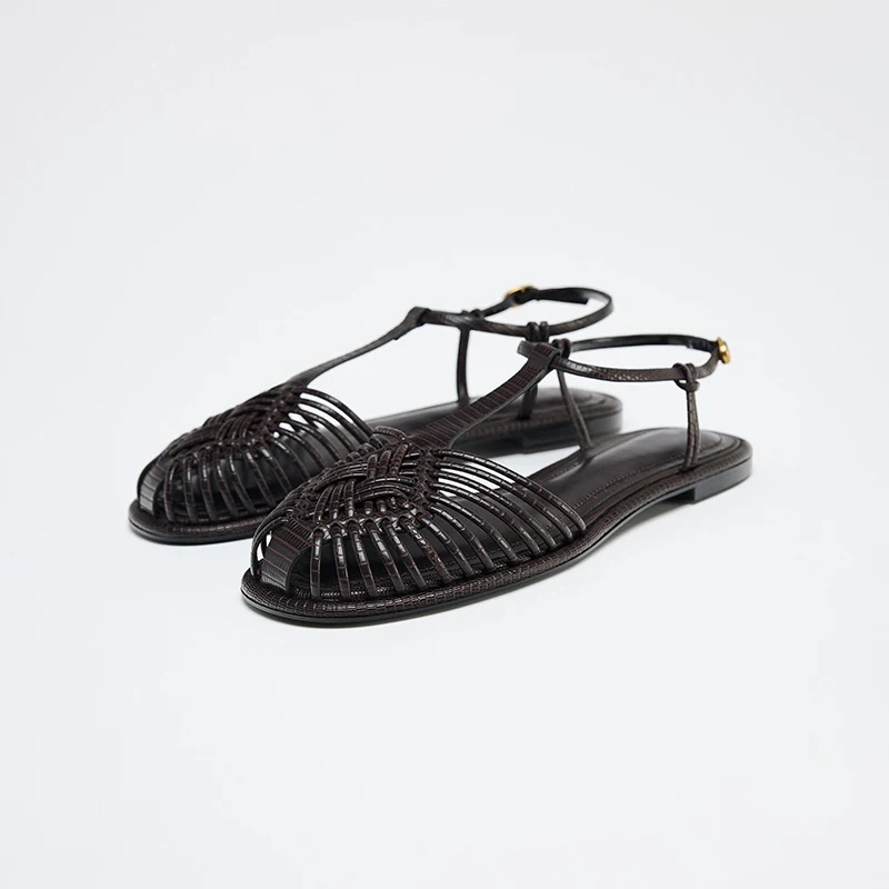

Spring 2026 Women's Flat Knot Roman Sandals Head Cover Woven Genuine Leather Slip-On Flats Comfortable Street Sle Footwear