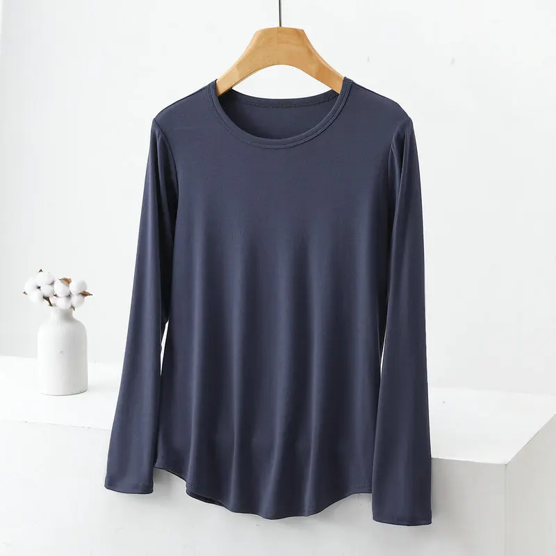 Large size Rib Tshirt O-Neck Long sleeves Solid color spring Autumn T-shirt Loose casual Tee tops Base Bottoming Tees