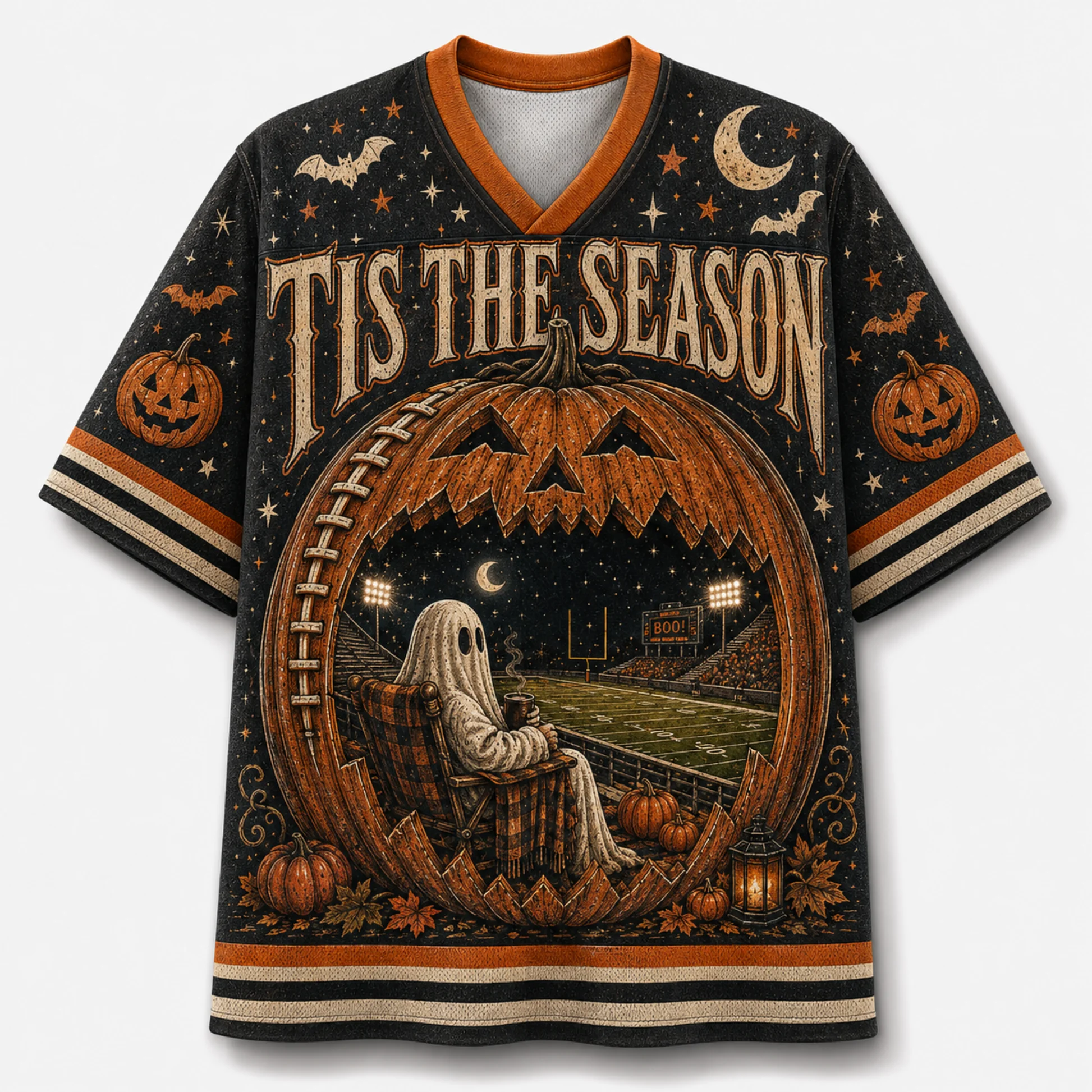 Halloween American Retro Rugby Pumpkin Ghost Ice Hockey Jersey for Children, Adults, Couples, V-neck Mesh Short Sleeved Shirt