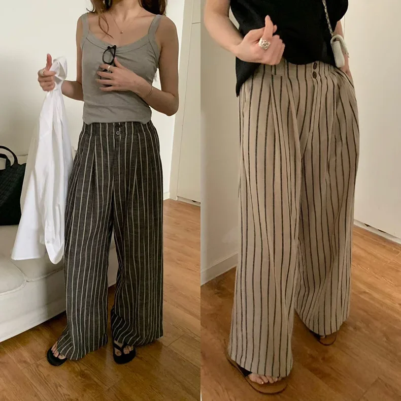 2024 Spring and Summer New Cotton and Linen Striped Casual Pants for Women Slim and Wide Leg Straight Leg Pants