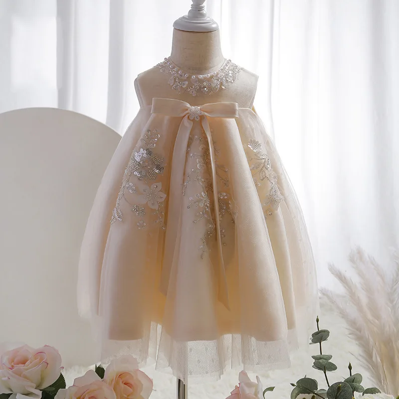 Baby Girls Champagne Beaded Empire Flower Girl Dress for Wedding Gray Tulle 1st Birthday Ceremonial Bow Gown for Toddler Kids