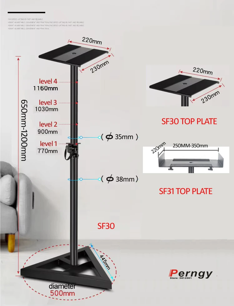 (1 Paar = 2 Stück) SF30 Universal 65–120 cm verstellbarer Universal-Surround-Sound-LAUTSPRECHER-Bodenständer, dreieckige Basis, flache Oberseite