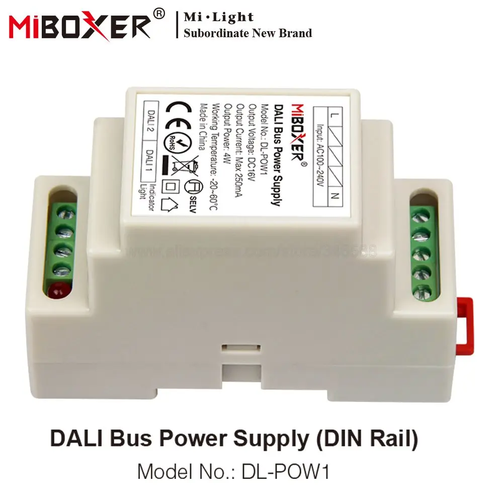 

Miboxer DALI Bus Power Supply DIN Rail DL-POW1 DC16V 4W Max250mA AC 110V 220V DALI RGB CCT led downlight transformer