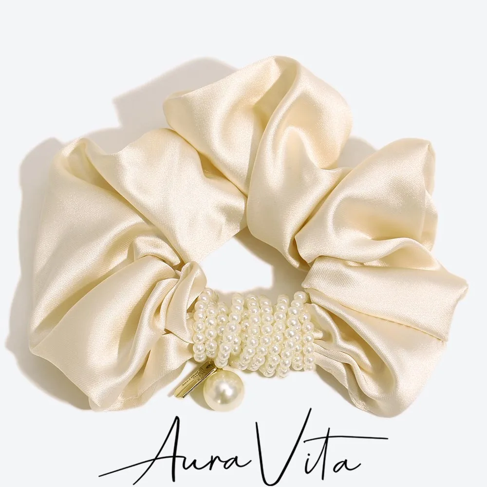 

AuraVita 2025 New Design Solid Color Satin Pearl High Elasticity Scrunchies Hair Rope Women's Elegant Hair Tie Hair Accessories