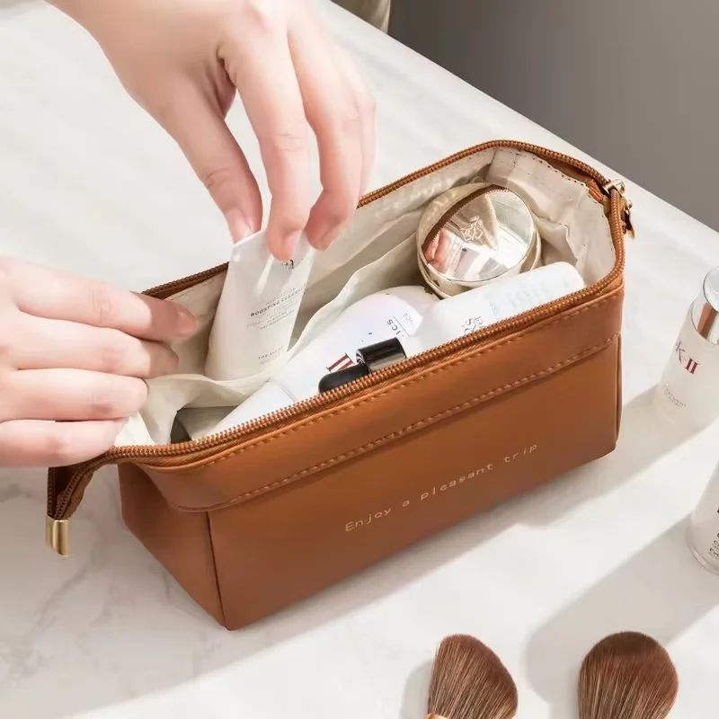 Leather Makeup Bag Travel Cosmetic Bag Portable Women Makeup Case Waterproof Multifunctional Cosmetic Pouch Women's Cosmetic Bag