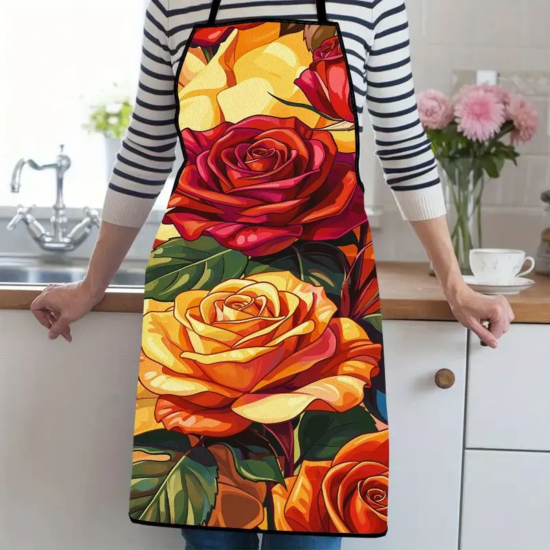 1pc, Vibrant Roses Illustration Suitable For Ladies And Gentlemen A Kitchen Cooking Apron That Is Essential For Household Chores