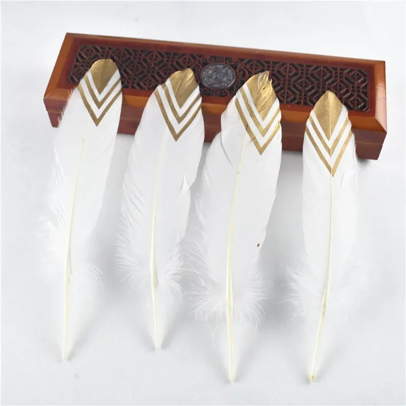 10 Stück/Set, goldfarben beschichtete, natürliche Gänsefedern für Bastelarbeiten, Hüte, Verzierungen, Federn, Dekoration, DIY-Hochzeitsdekoration. – Detail 5