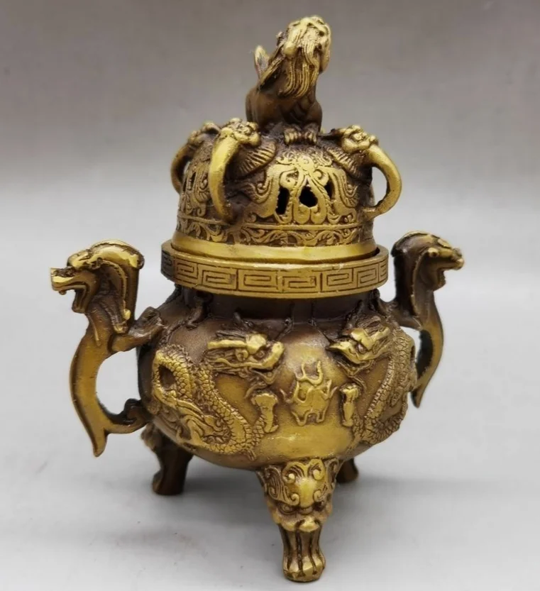 antique excellent Bronze Statues Gilt Dragon lucky tripod Incense Burners Censer