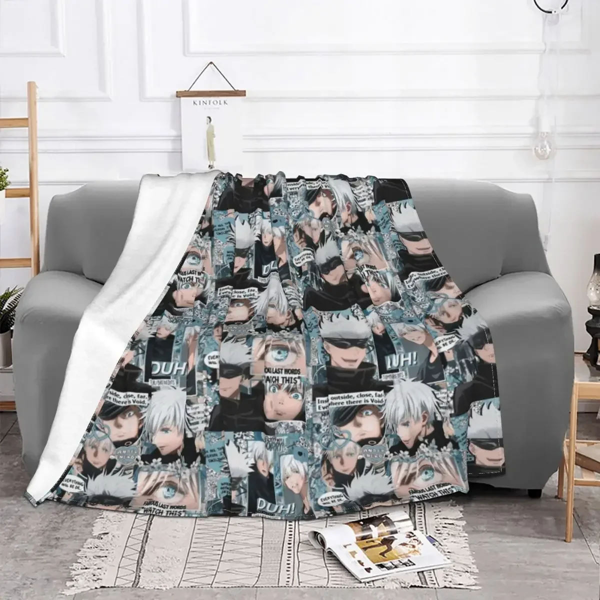 Gojo Satoru Collage Manga Blankets Coral Fleece Plush All Season Jujutsu Kaisen Anime Plaid Throw Blankets for Home Rug Piece