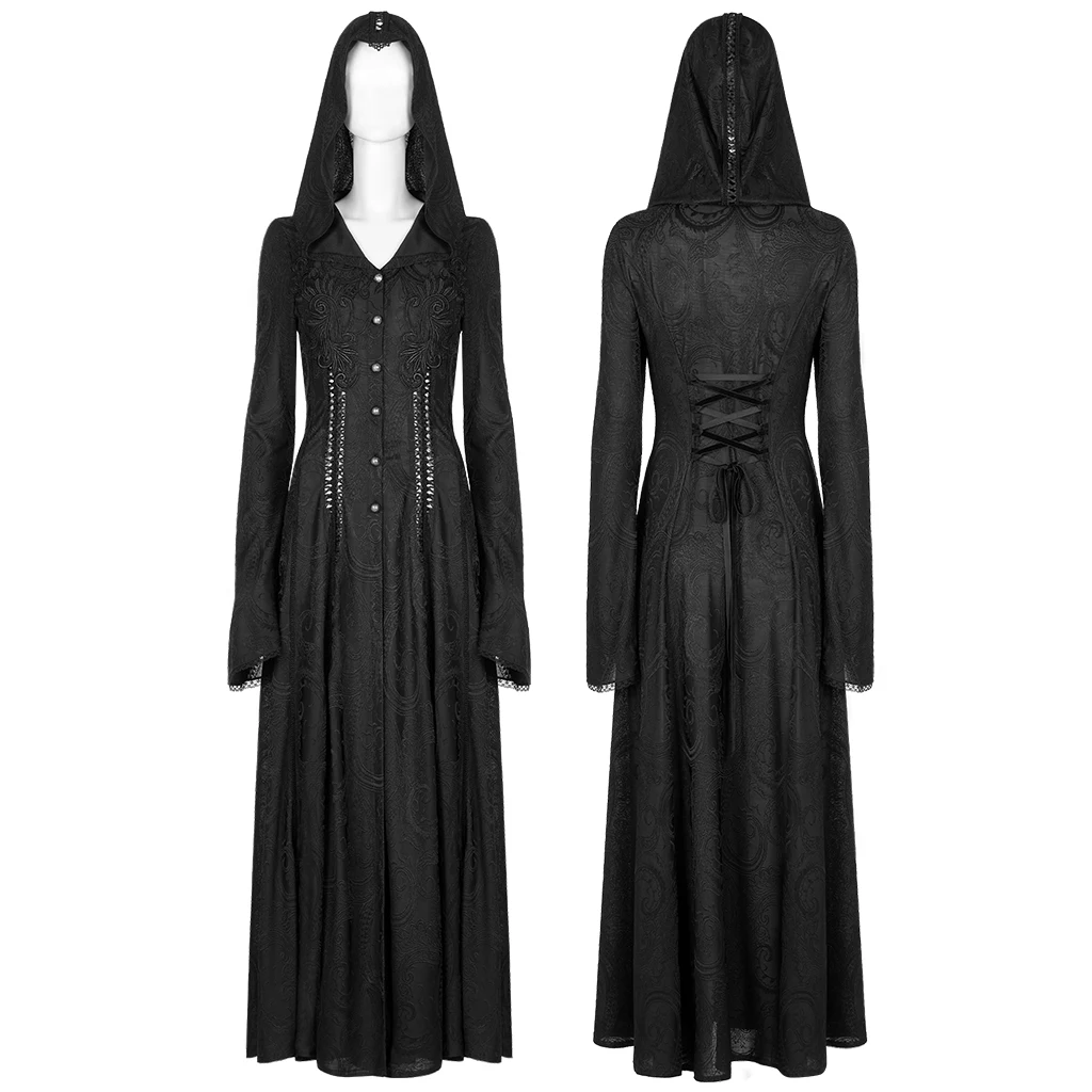 PUNKRAVE Women\'s Coat Gothic Cut-out Applique Coat Gorgeous Exquisitely Hooded Trumpet Cuffs Long Dress