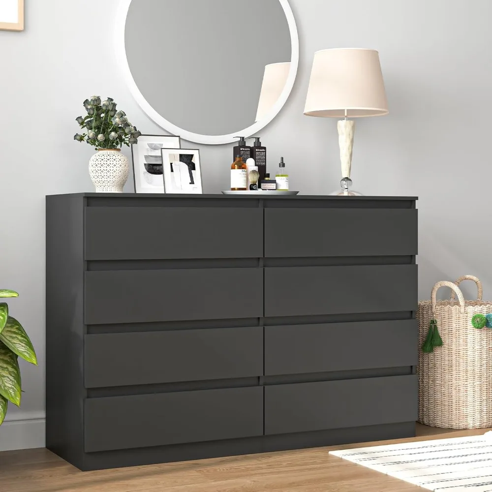 Vibe & Dine Cômoda dupla com 8 gavetas, cômoda moderna de madeira com amplo armazenamento para armário, quarto, sala de estar, preta