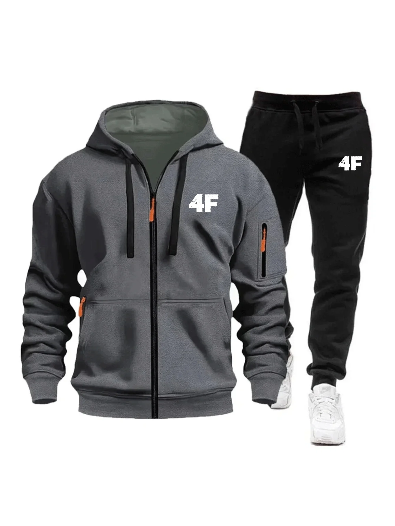 Men's Casual Jogging Tracksuit Zipper Hood Multi-Pocket Protective Pants 2-Piece Set Fall/Winter Large Size S-3XL view 4