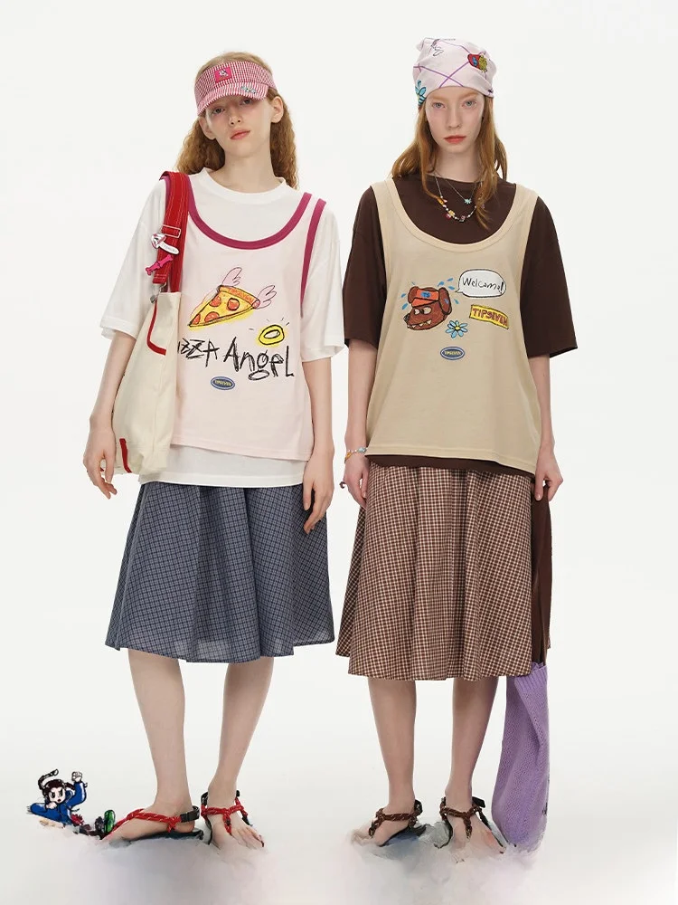 

TIPSEVEN Summer Fast Food Series Printed Vest T-Shirt Two-Piece Set Casual Loose Fit Cotton Short Sleeve City Walk Wear