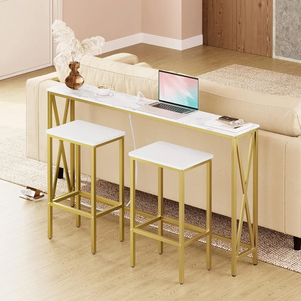 Bar Stools, Set of 2 Chairs, Kitchen Breakfast Stools with Footrest, 25.8-Inch Height, Rectangular Industrial Stools