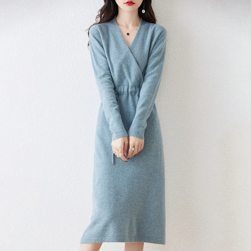 100% Wool Knitting Dresses Women 2023  Winter New Fashion Length-keen Warm&Best Quality Female V-neck Cloth Chinese Style Skirt