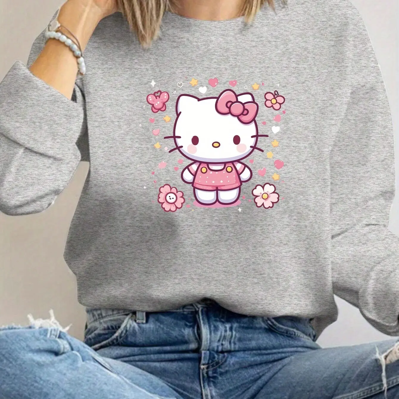 سويت شيرت نسائي برقبة دائرية من Sanrio Hello Kitty مطبوع عليه صوف للجنسين كاجوال للخريف والشتاء مقاس كبير