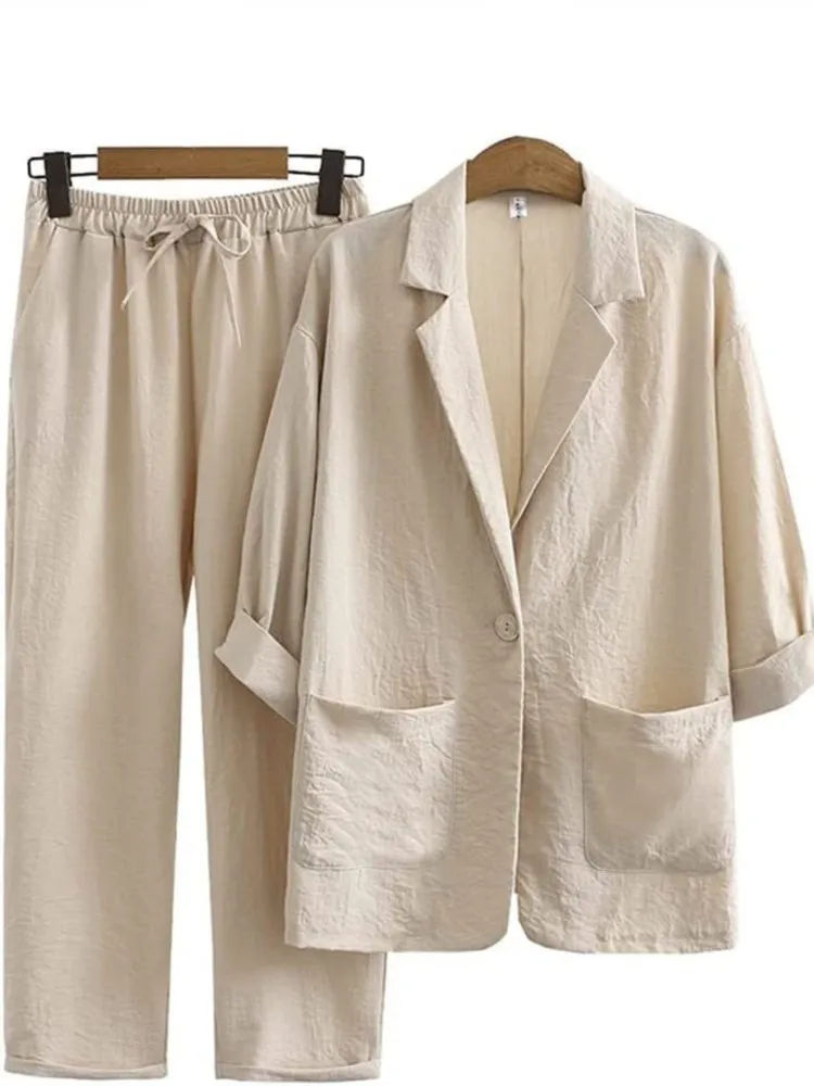 Ensemble blazer et pantalon à revers pour femme, manches trois-quarts, poche en coton trempé, lin, monochrome, document, bouton Piedmont, mode féminine, automne, 2 pièces