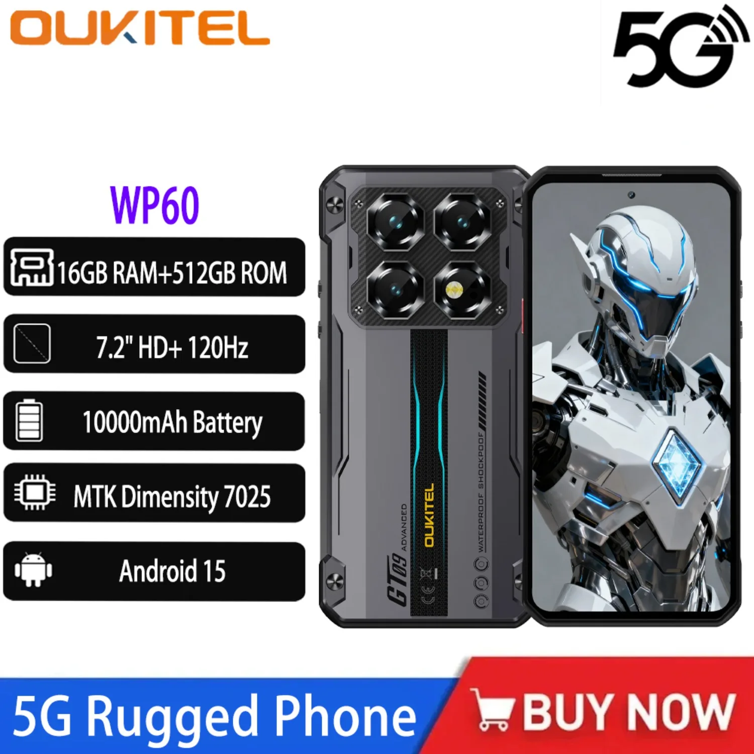 OUKITEL WP60 5G Rugged Smartphone 10000mAh 33W 7.2 “ 120Hz 16GB ROM 512GB ROM Mobile Phone 108MP MTK 7025 Android 15 NFC Phone