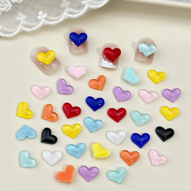 50pcs Ice Transparent Heart Nail Charms Candy Color 3D Small Heart Resin Nail Art Decor DIY Press On Nails Accessories