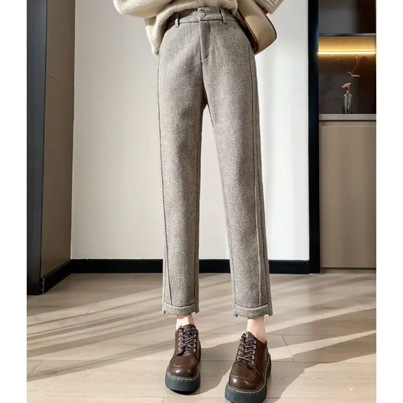 Autumn Winter Women's Pantalons Loose Casual Herringbone Warm Thickened Cropped Trousers High-waisted Tweed Straight New Pants