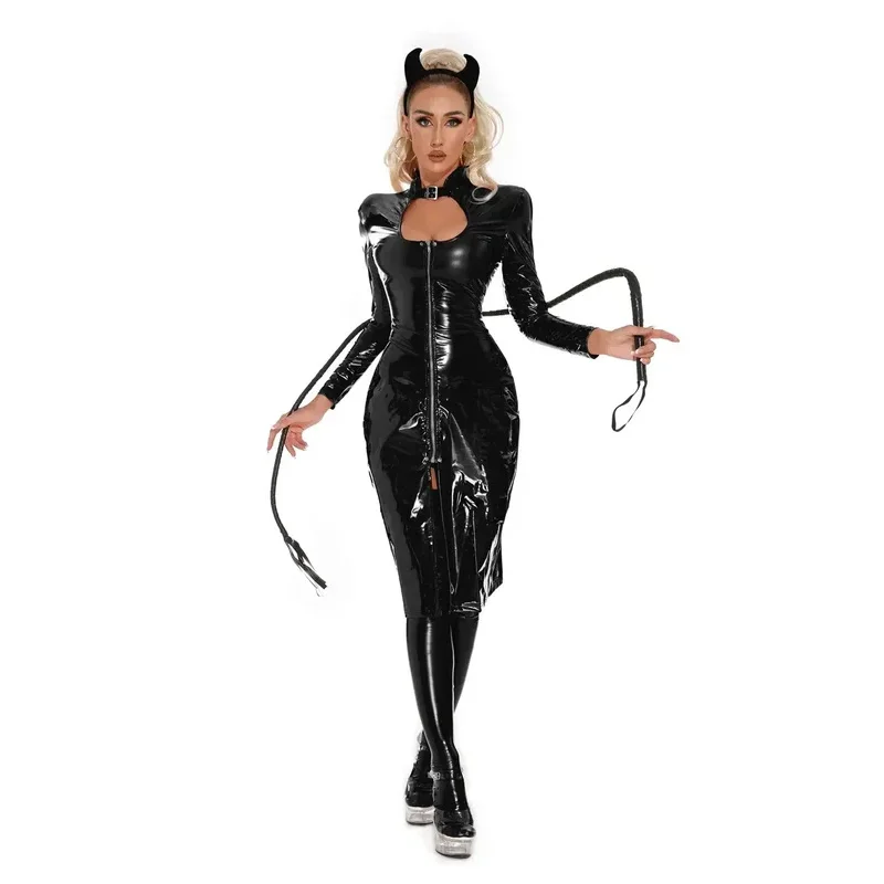Women PVC leather dress zipper long coat for cosplay devil Witch Queen nightclub clubwear sexy Halloween costume