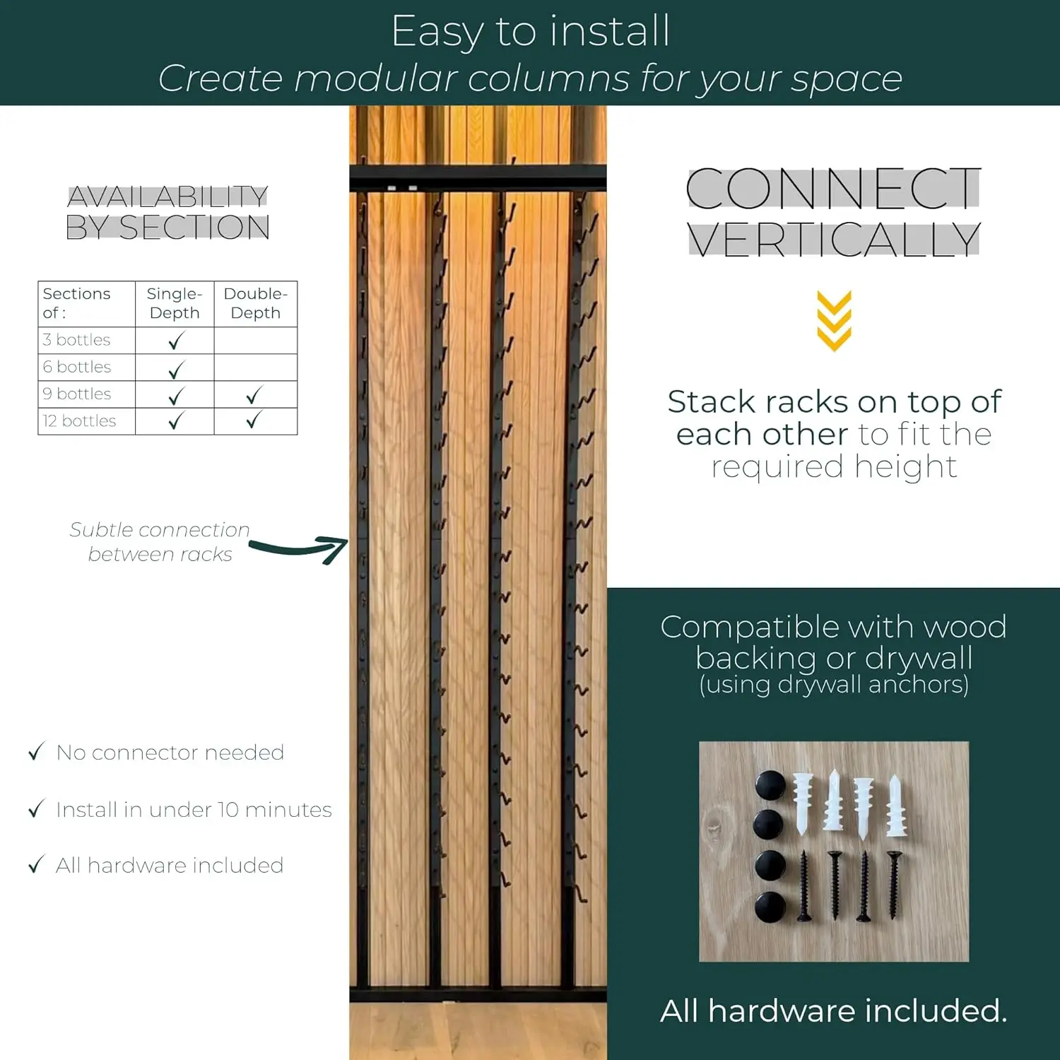 9-Bottle Wall Mounted Wine Rack with Label View - Steel Satin Finish Storage