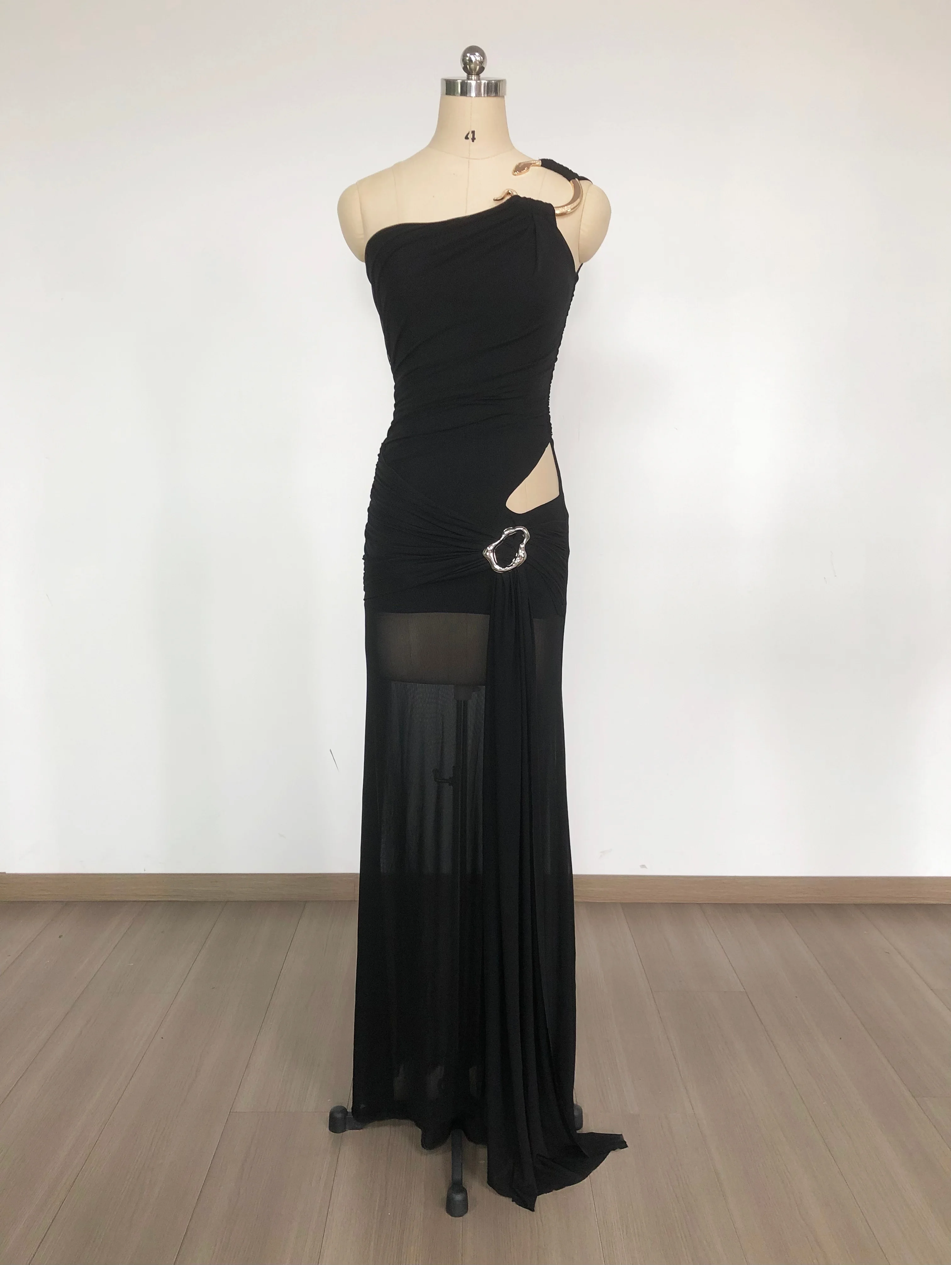 158CM丈 レディース 高級 ブラック シースルー ドレス エレガント ワンショルダー カットアウト ロング セレブリティ イブニング クラブ パーティー ゲスト向けドレス