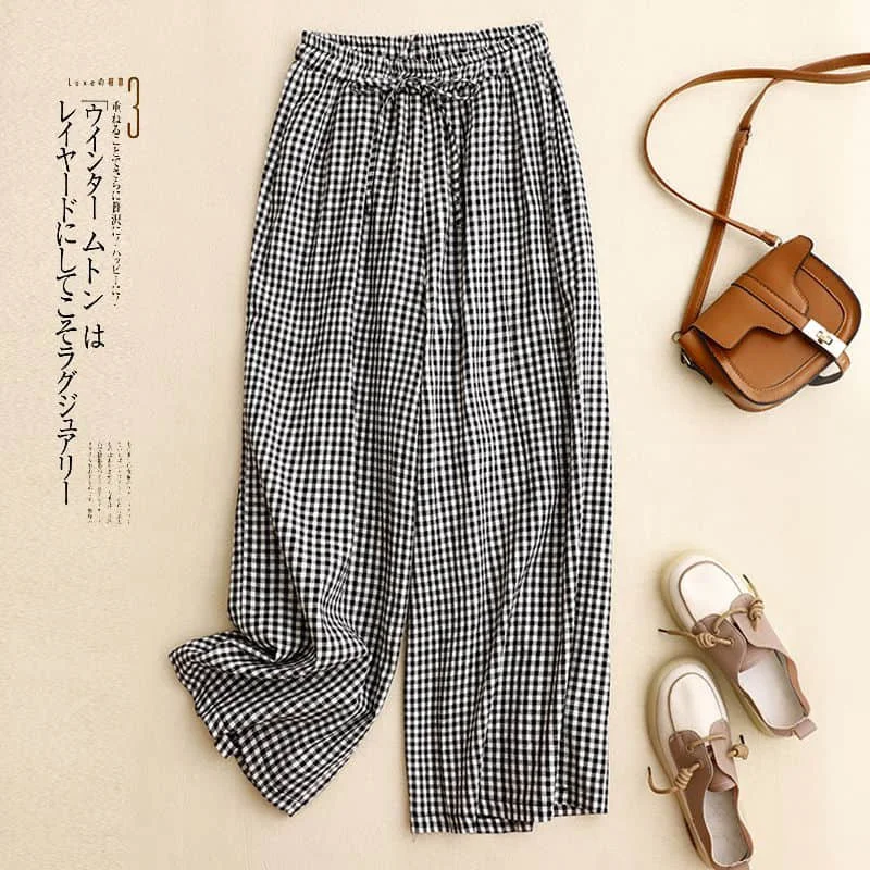 Straight Pants Women Summer Plaid Vintage Korean Style Elastic Waist Drape Fabric Trousers Casual Pleated Flowing Baggy Pants
