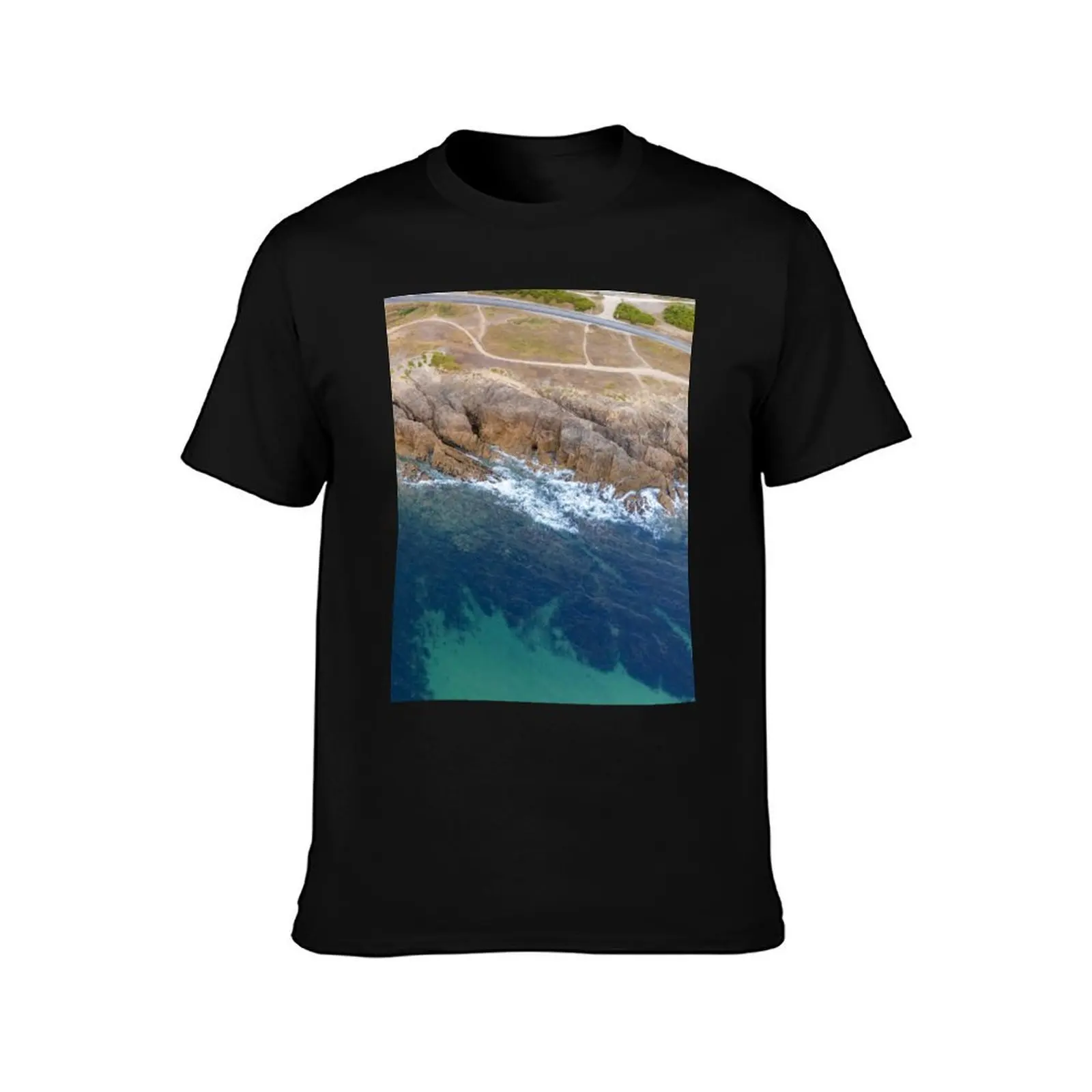 Aerial view of the C?te Sauvage coast T-Shirt, Summer Casual Cotton Tee, Oversized Streetwear Tops, Vintage Graphic Print
