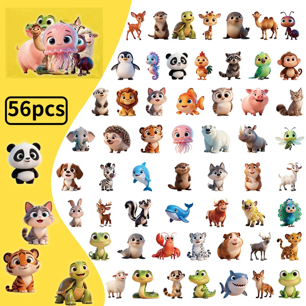 56 Buah Stiker Hewan Kartun Lucu Baru - Stiker Dekoratif Kerajinan Anak-anak PET Transparan Toko RecordingYourLife